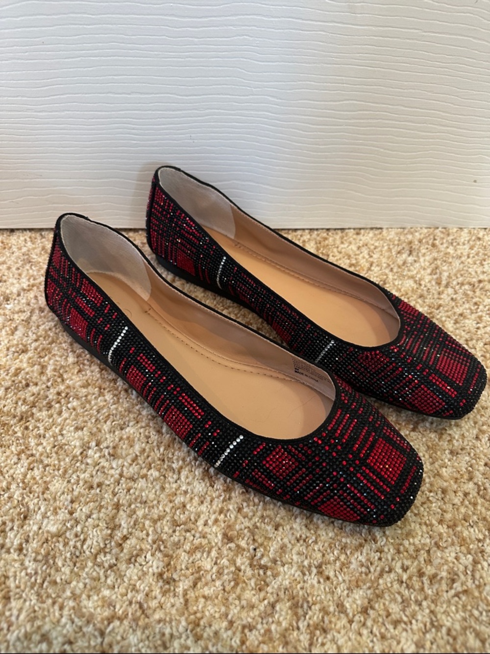 Red and Black Beaded Plaid Women's Flats